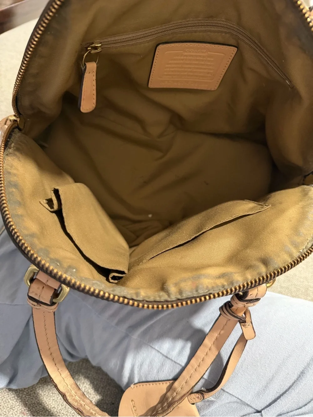 Coach Dark Brown Signature Canvas Dome Satchel with Tan Leather Handles